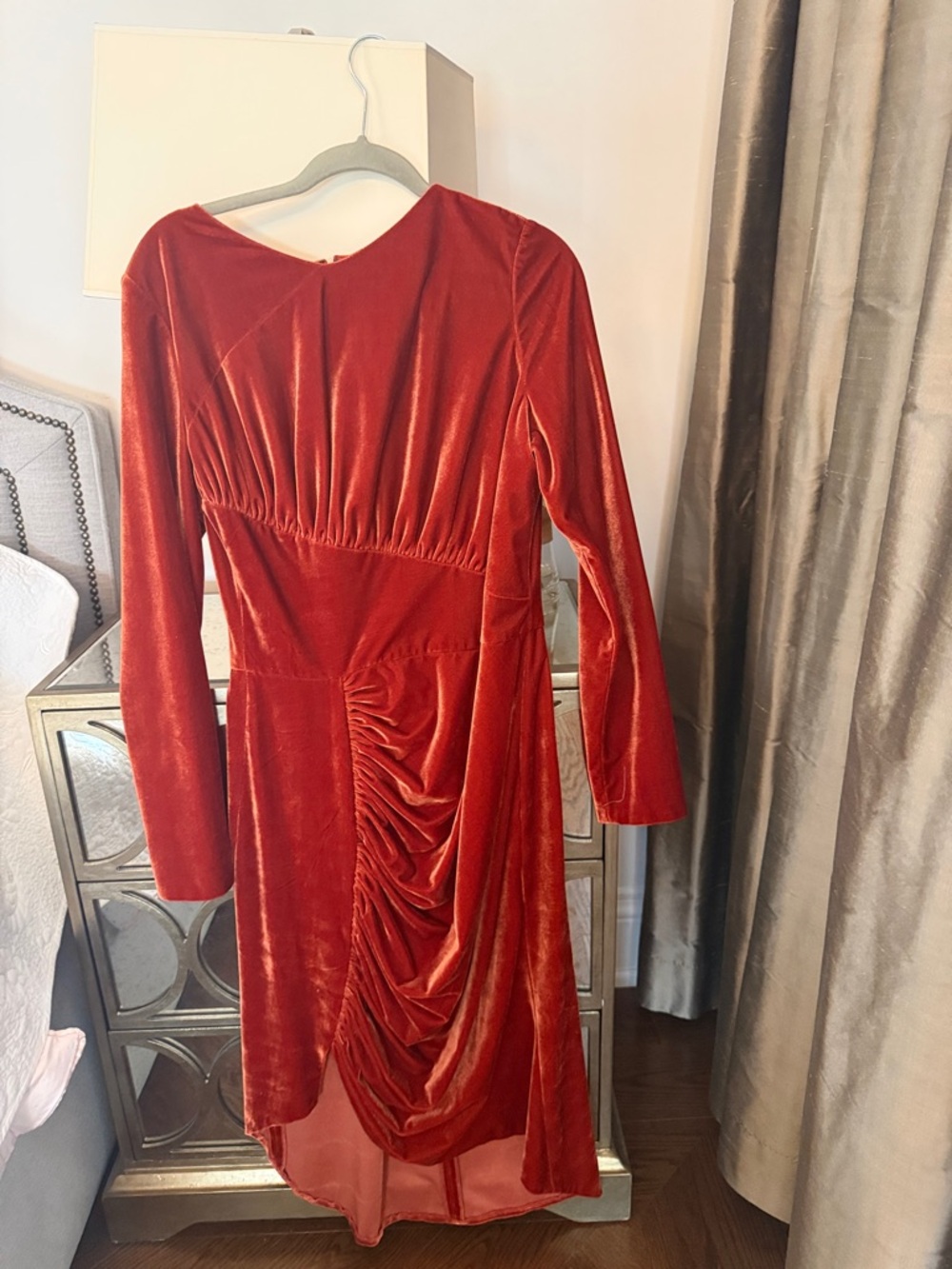 Christian Siriano Rust Red Velvet Long-Sleeve Ruched Dress